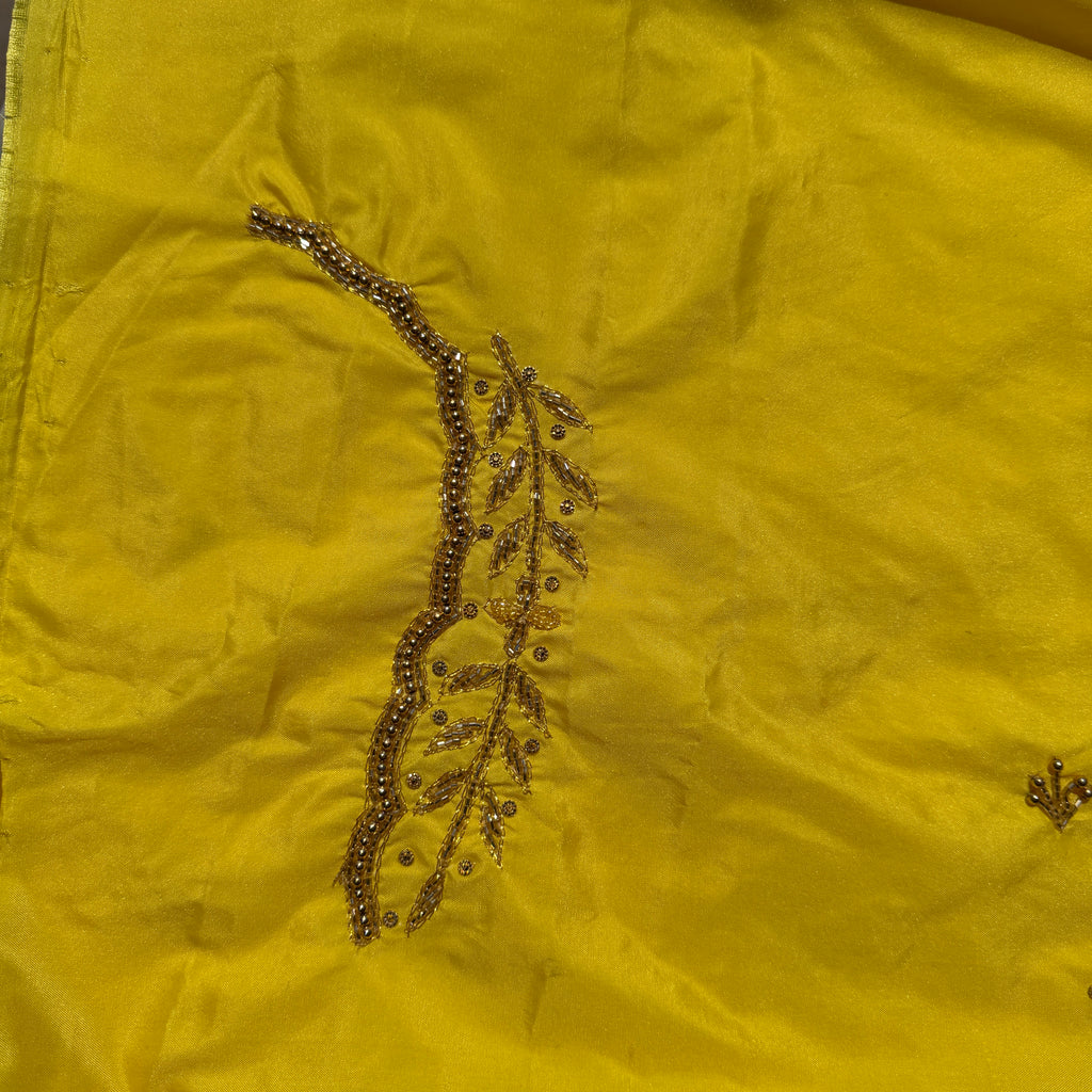 Lemon yellow Aari Work Blouse Fabric in Devi silk 1 metre with Cutdana Hand Embroidery | Designer Blouse Piece for Bridal & Festive Wear