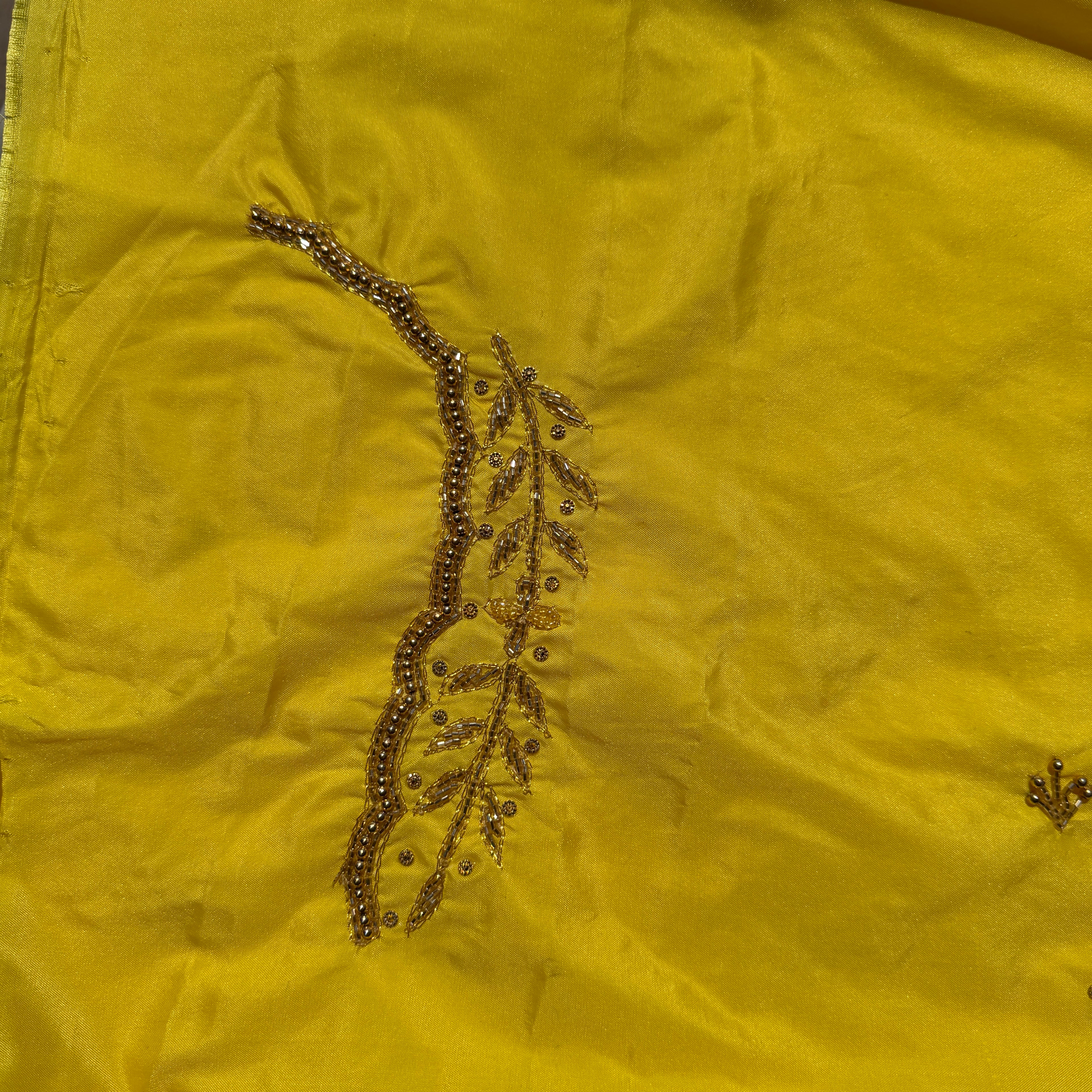 Lemon yellow Aari Work Blouse Fabric in Devi silk 1 metre with Cutdana Hand Embroidery | Designer Blouse Piece for Bridal & Festive Wear