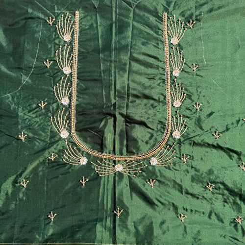Bottle Green Aari Work Blouse Fabric in Devi silk 1 metre with Cutdana Hand Embroidery | Designer Blouse Piece for Bridal & Festive Wear