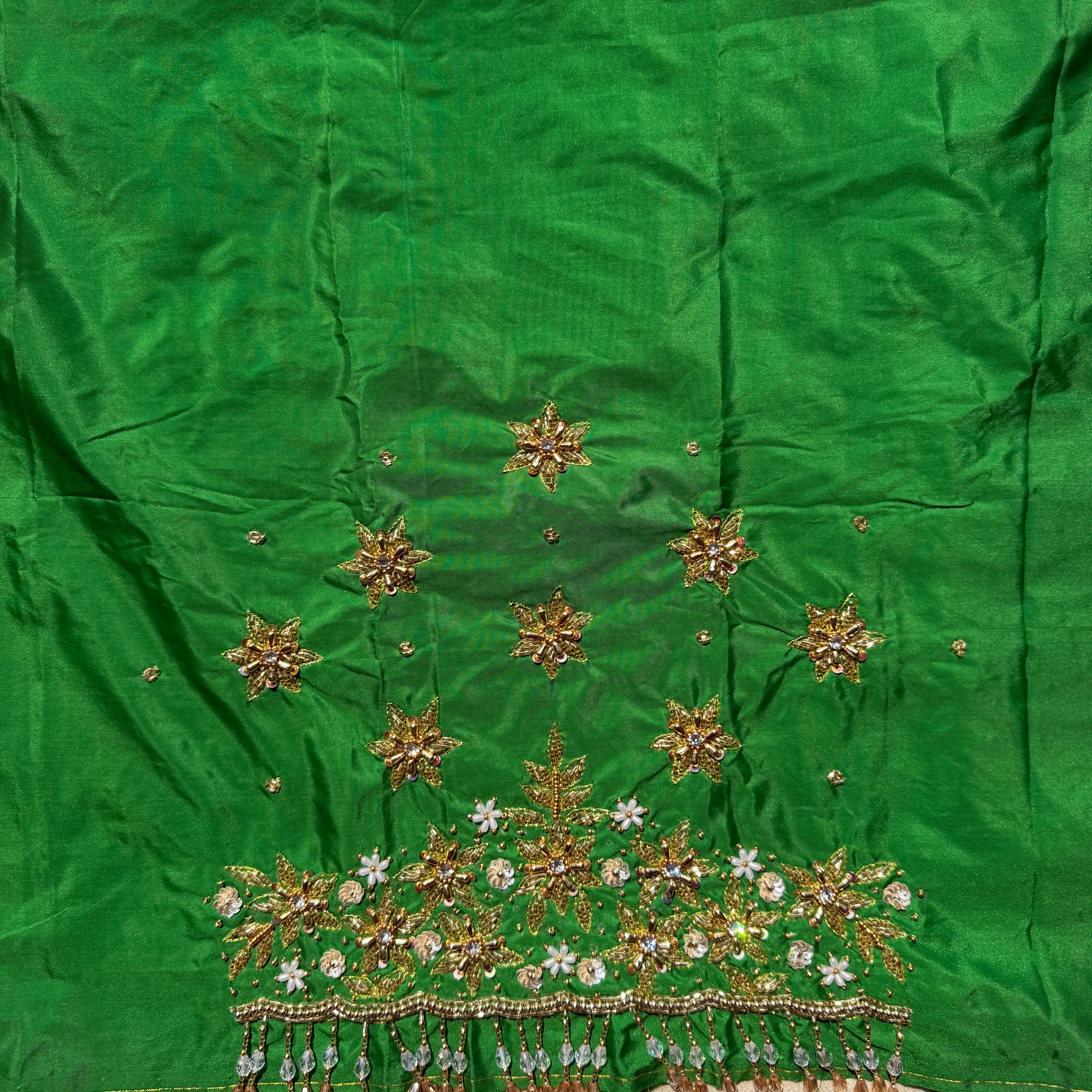 Leaf Green Aari Work Blouse Fabric in Devi silk 1 metre with Cutdana Hand Embroidery | Designer Blouse Piece for Bridal & Festive Wear