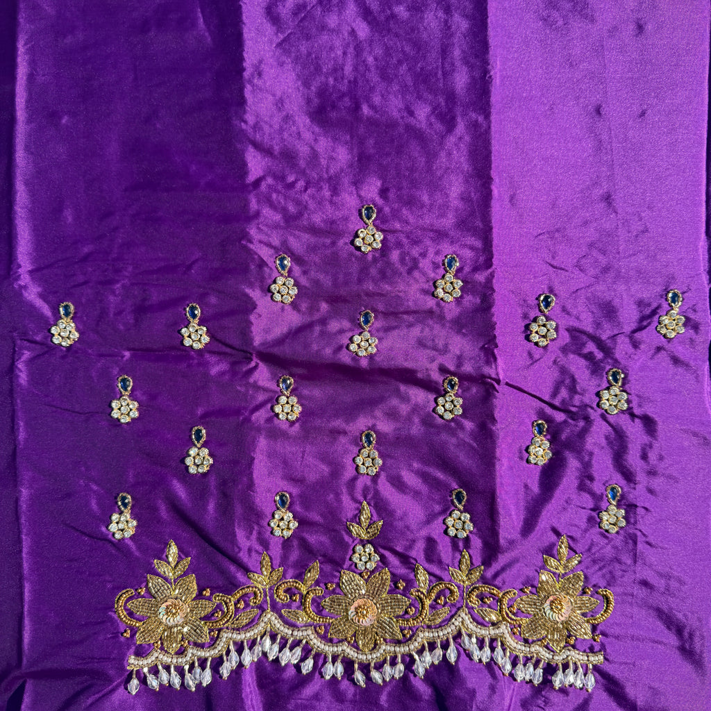 Purple colour Aari Work Blouse Fabric in Devi silk 1 metre with Cutdana Hand Embroidery | Designer Blouse Piece for Bridal & Festive Wear
