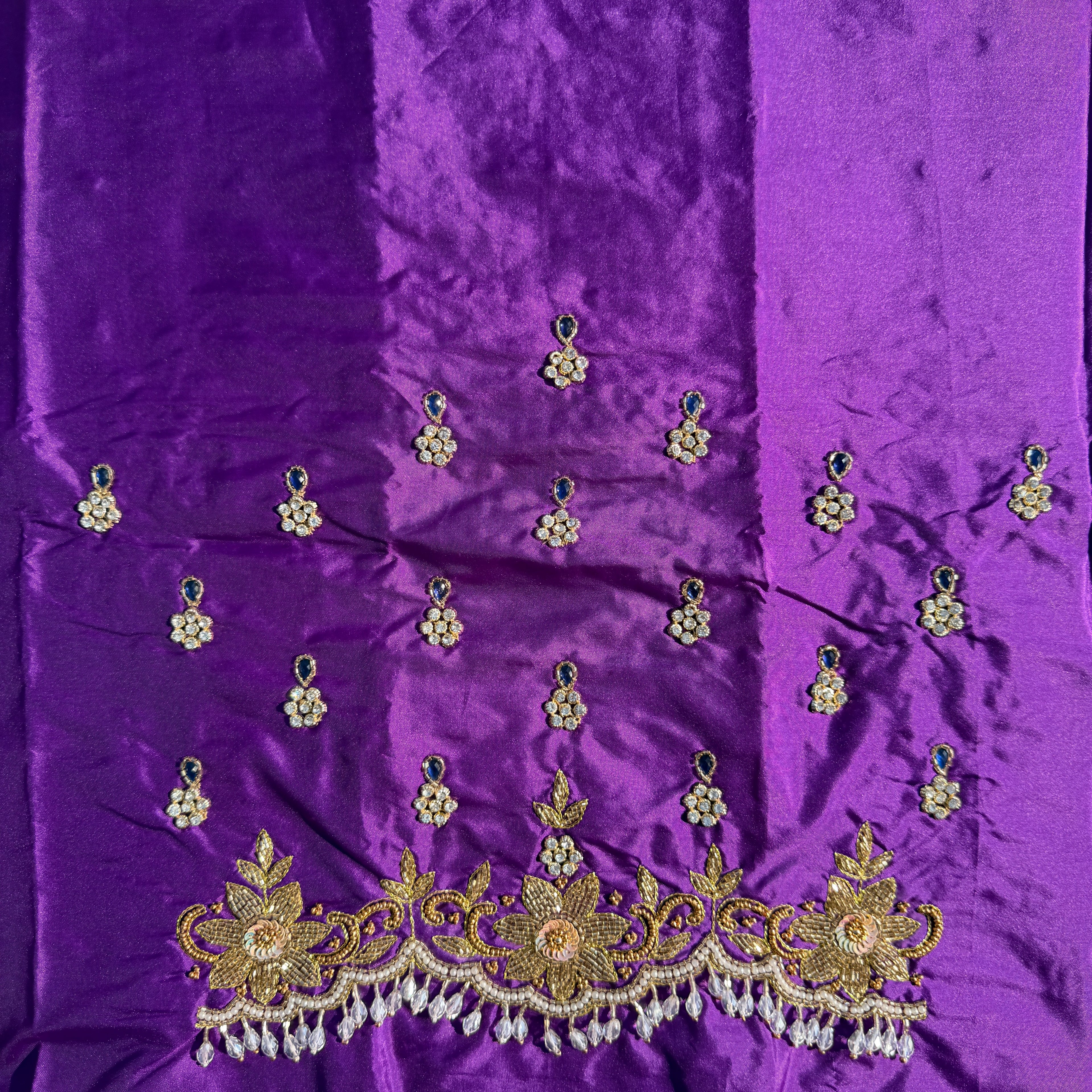 Purple colour Aari Work Blouse Fabric in Devi silk 1 metre with Cutdana Hand Embroidery | Designer Blouse Piece for Bridal & Festive Wear