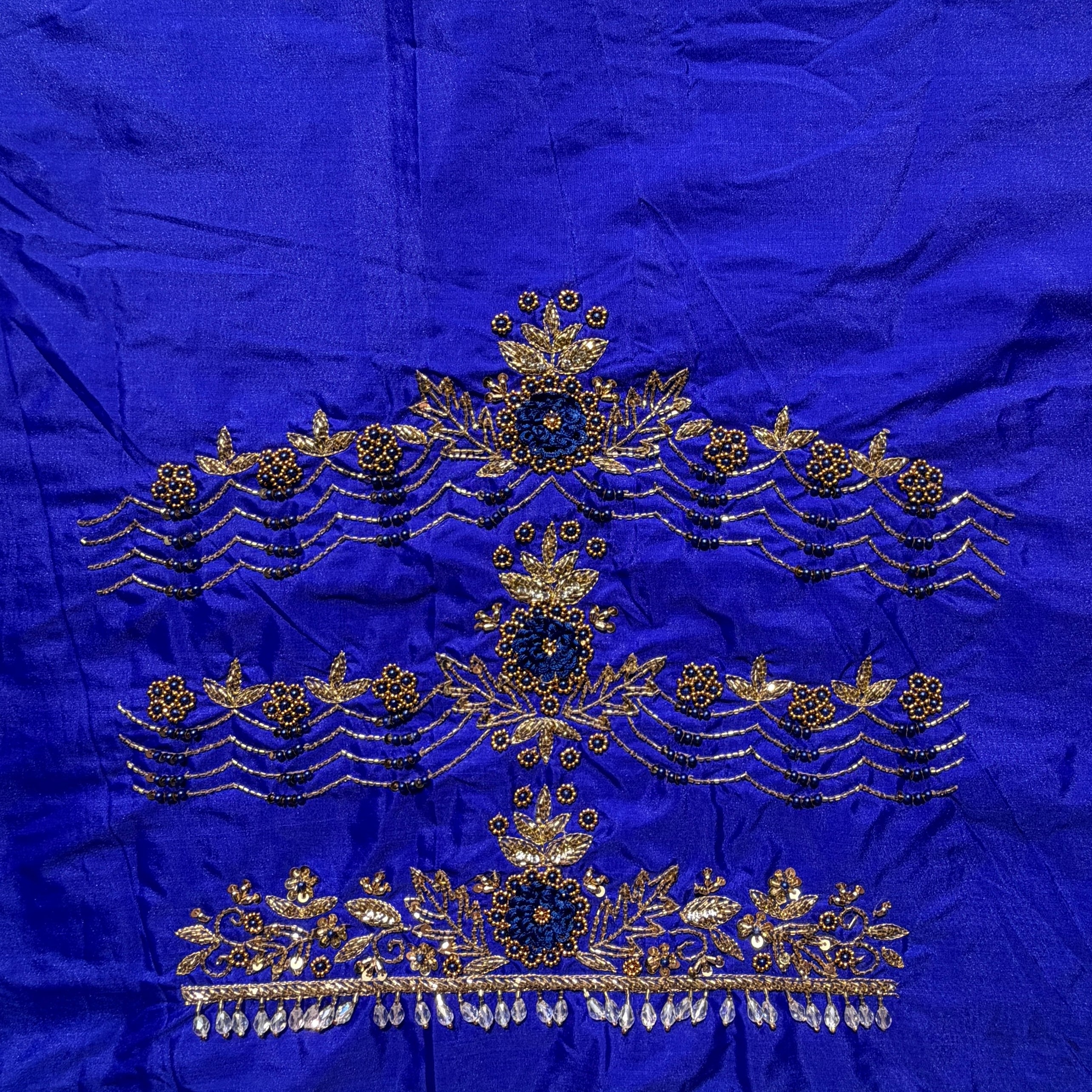 Royal Blue Aari Work Blouse Fabric in Devi silk 1 metre with Cutdana Hand Embroidery | Designer Blouse Piece for Bridal & Festive Wear
