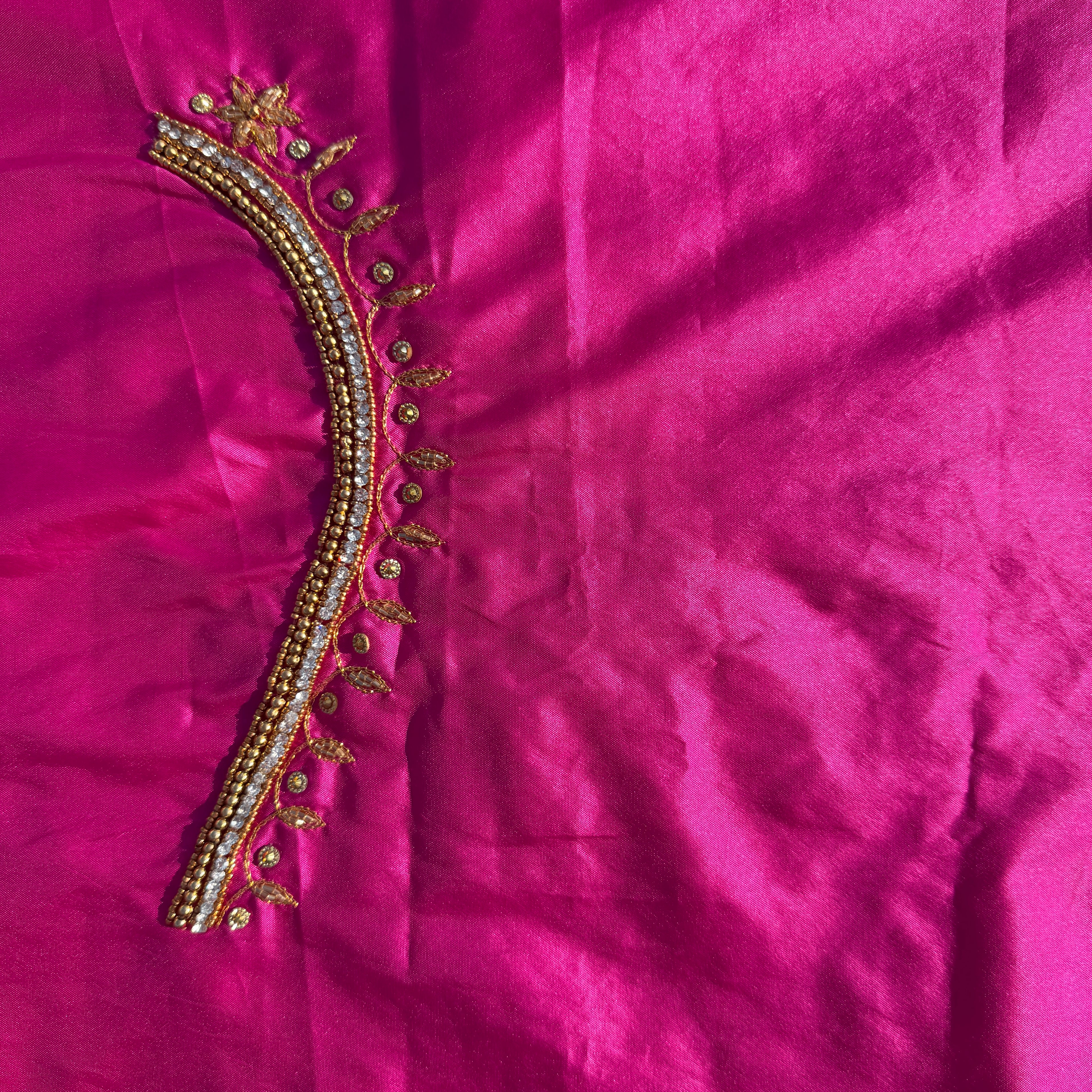 Bright Magenta pink Aari Work Blouse Fabric in Devi silk 1 metre with Cutdana Hand Embroidery | Designer Blouse Piece for Bridal & Festive Wear