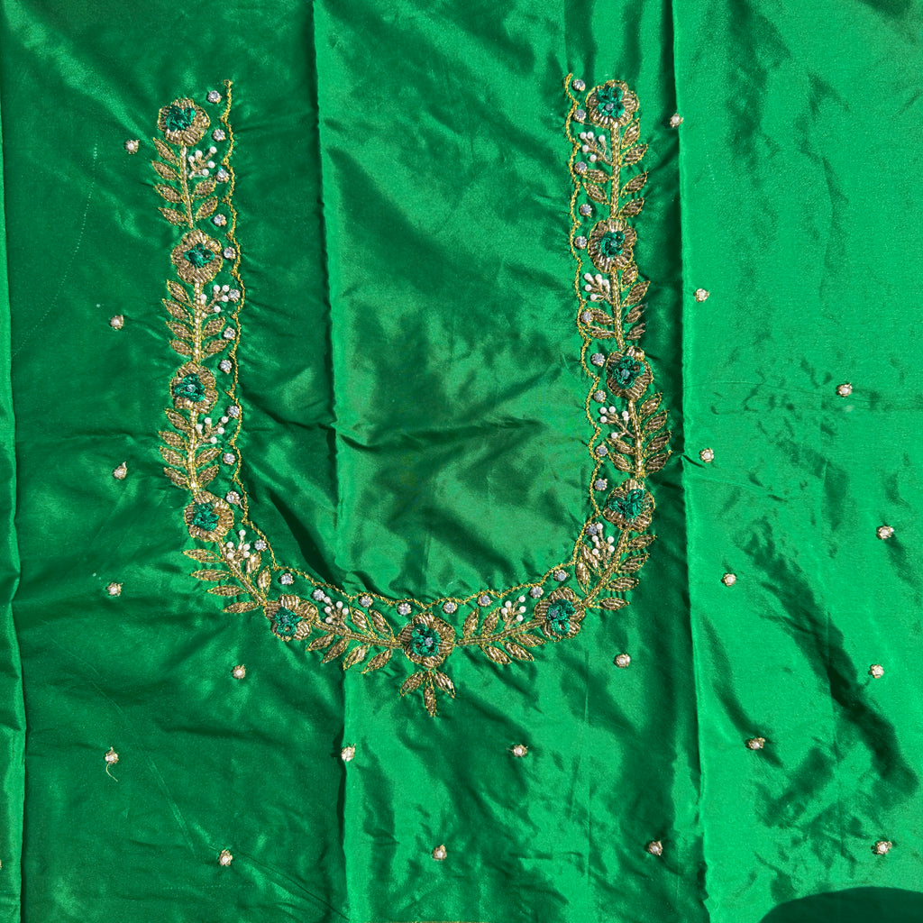 Leaf Green Aari Work Blouse Fabric in Devi silk 1 metre with Cutdana Hand Embroidery | Designer Blouse Piece for Bridal & Festive Wear