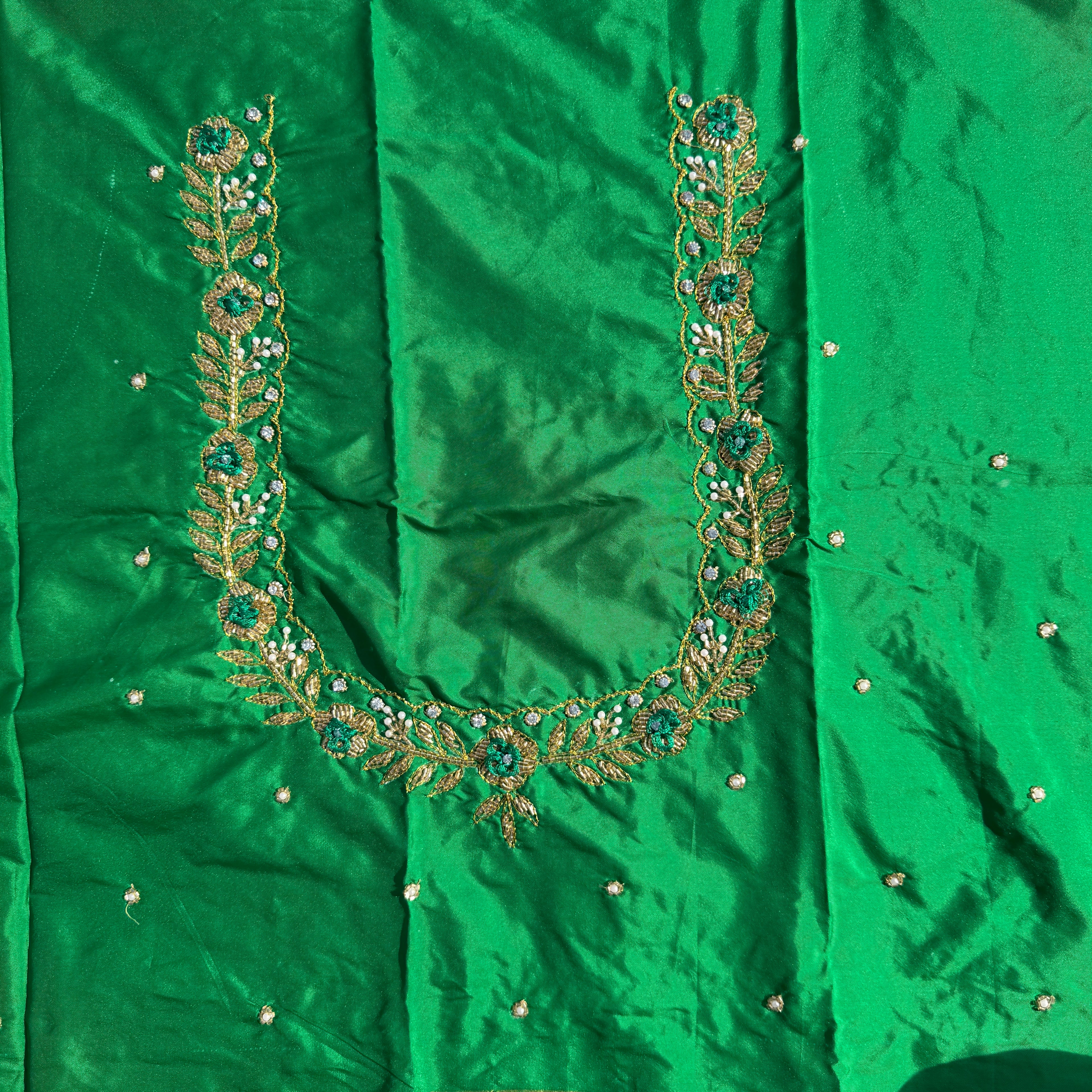 Leaf Green Aari Work Blouse Fabric in Devi silk 1 metre with Cutdana Hand Embroidery | Designer Blouse Piece for Bridal & Festive Wear