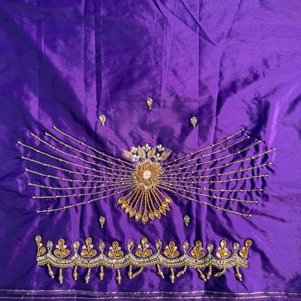 Royal Blue Aari Work Blouse Fabric in Devi silk 1 metre with Cutdana Hand Embroidery | Designer Blouse Piece for Bridal & Festive Wear