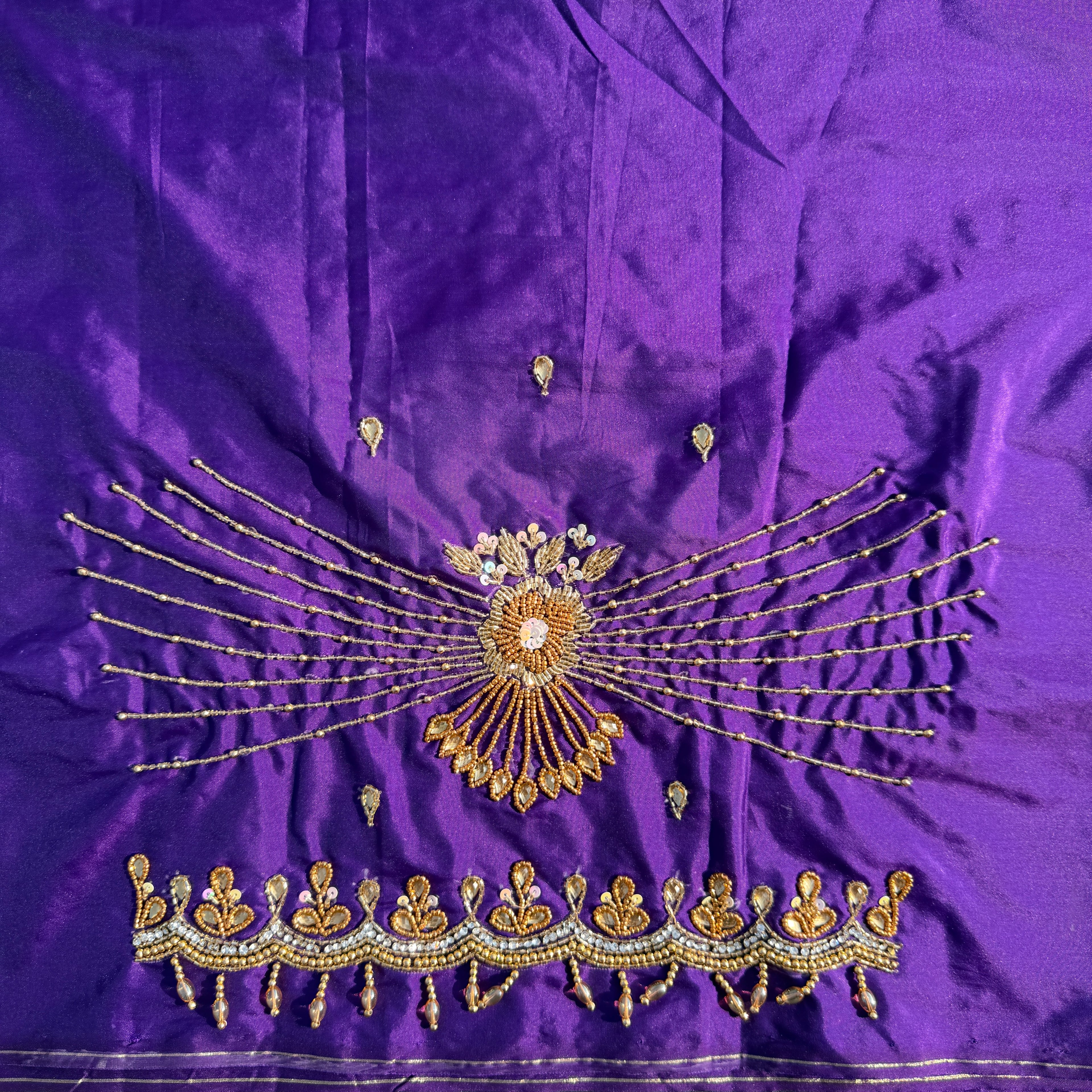 Royal Blue Aari Work Blouse Fabric in Devi silk 1 metre with Cutdana Hand Embroidery | Designer Blouse Piece for Bridal & Festive Wear
