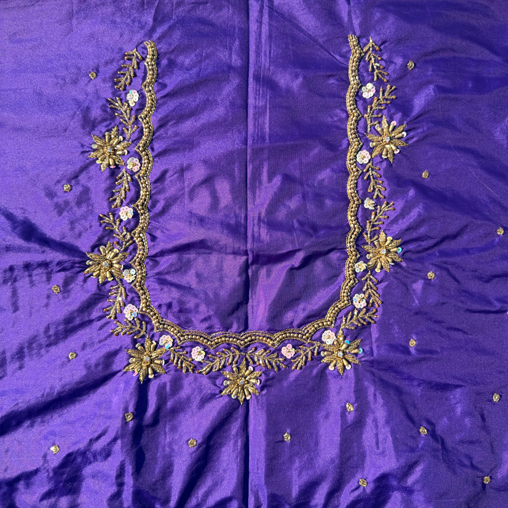 Royal Purple Aari Work Blouse Fabric in Devi silk 1 metre with Cutdana Hand Embroidery | Designer Blouse Piece for Bridal & Festive Wear