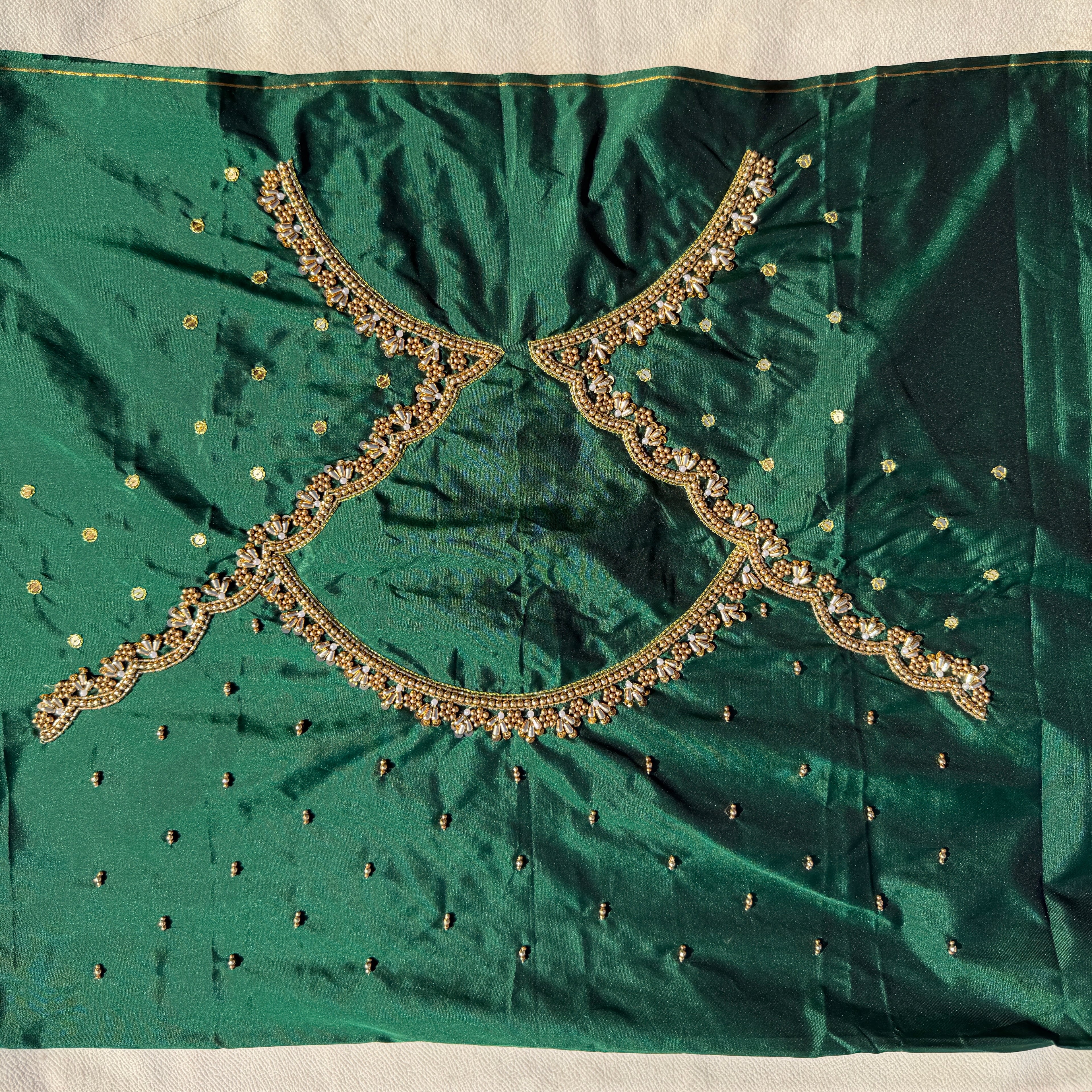 Bottle Green Aari Work Blouse Fabric in Devi silk 1 metre with Cutdana Hand Embroidery | Designer Blouse Piece for Bridal & Festive Wear