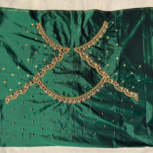 Bottle Green Aari Work Blouse Fabric in Devi silk 1 metre with Cutdana Hand Embroidery | Designer Blouse Piece for Bridal & Festive Wear