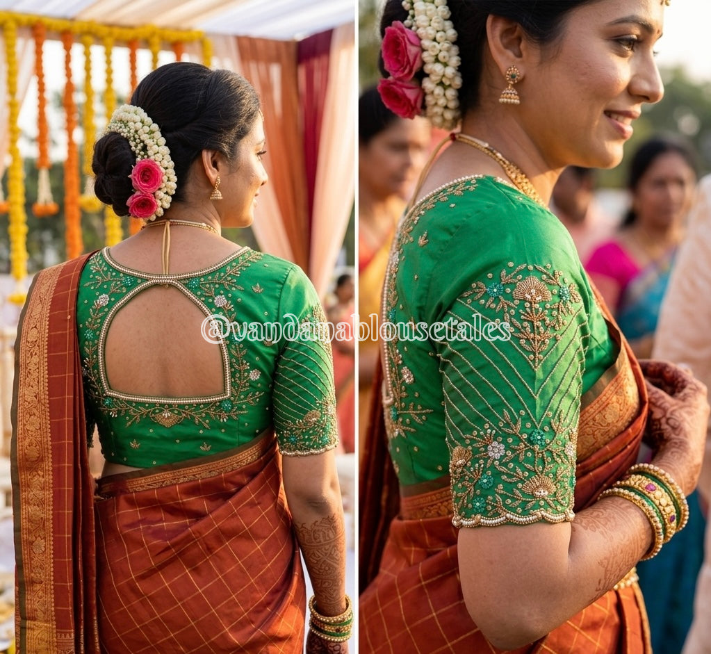 Leaf Green Aari Work Blouse Fabric in Devi silk 1 metre with Cutdana Hand Embroidery | Designer Blouse Piece for Bridal & Festive Wear