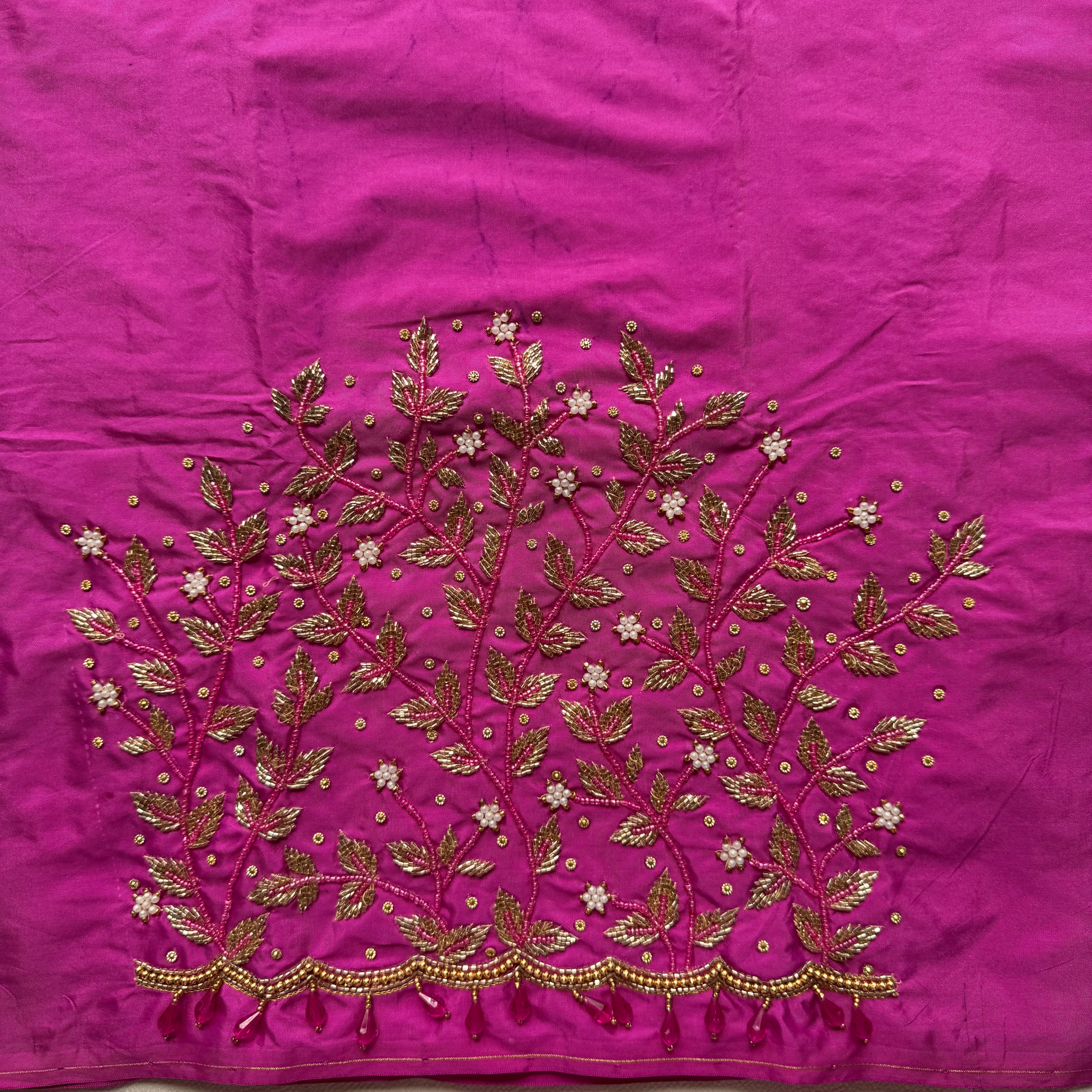 Rani pink Aari Work Blouse Fabric in Devi silk 1 metre with Cutdana Hand Embroidery | Designer Blouse Piece for Bridal & Festive Wear