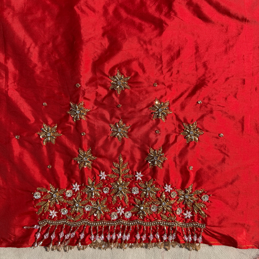 Red Aari Work Blouse Fabric in Devi silk 1 metre with Cutdana Hand Embroidery | Designer Blouse Piece for Bridal & Festive Wear