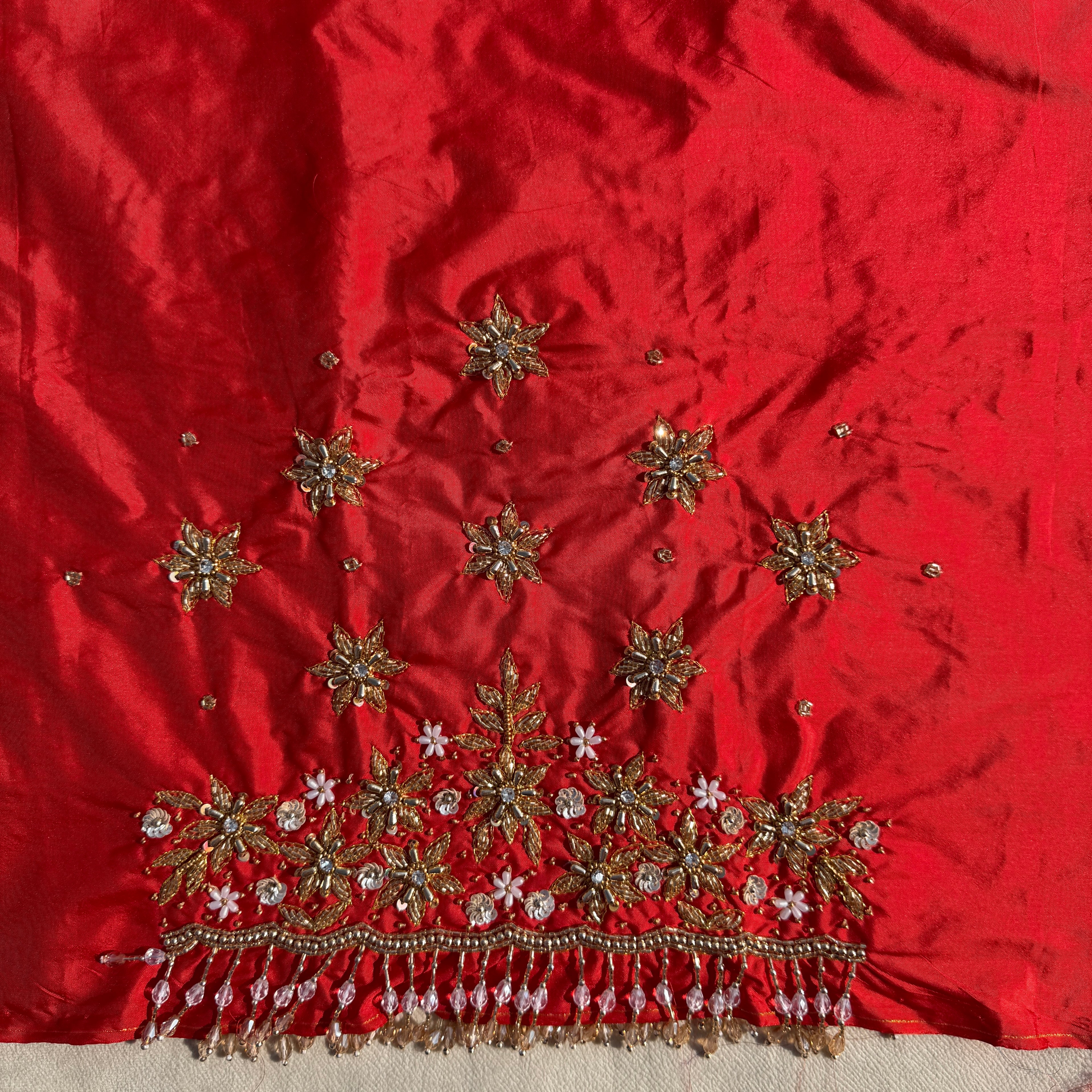 Red Aari Work Blouse Fabric in Devi silk 1 metre with Cutdana Hand Embroidery | Designer Blouse Piece for Bridal & Festive Wear
