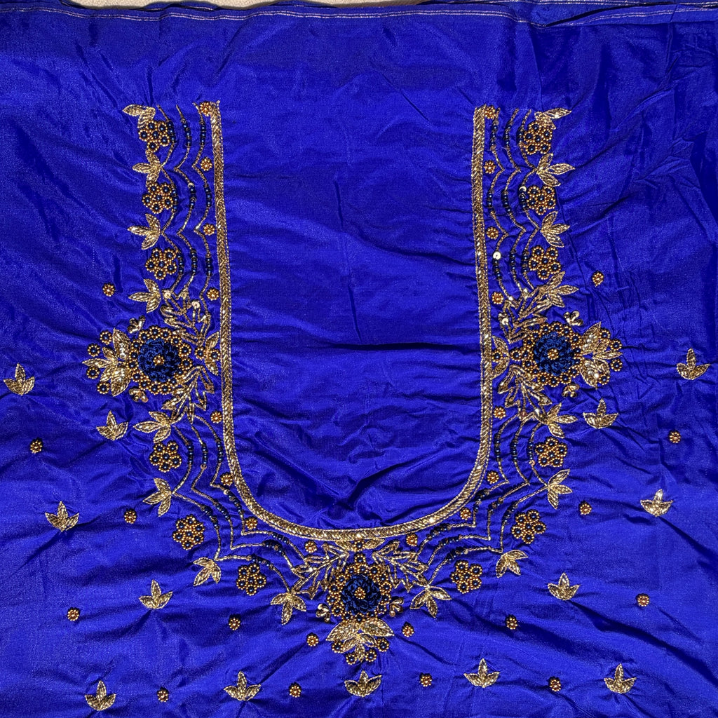 Royal Blue Aari Work Blouse Fabric in Devi silk 1 metre with Cutdana Hand Embroidery | Designer Blouse Piece for Bridal & Festive Wear