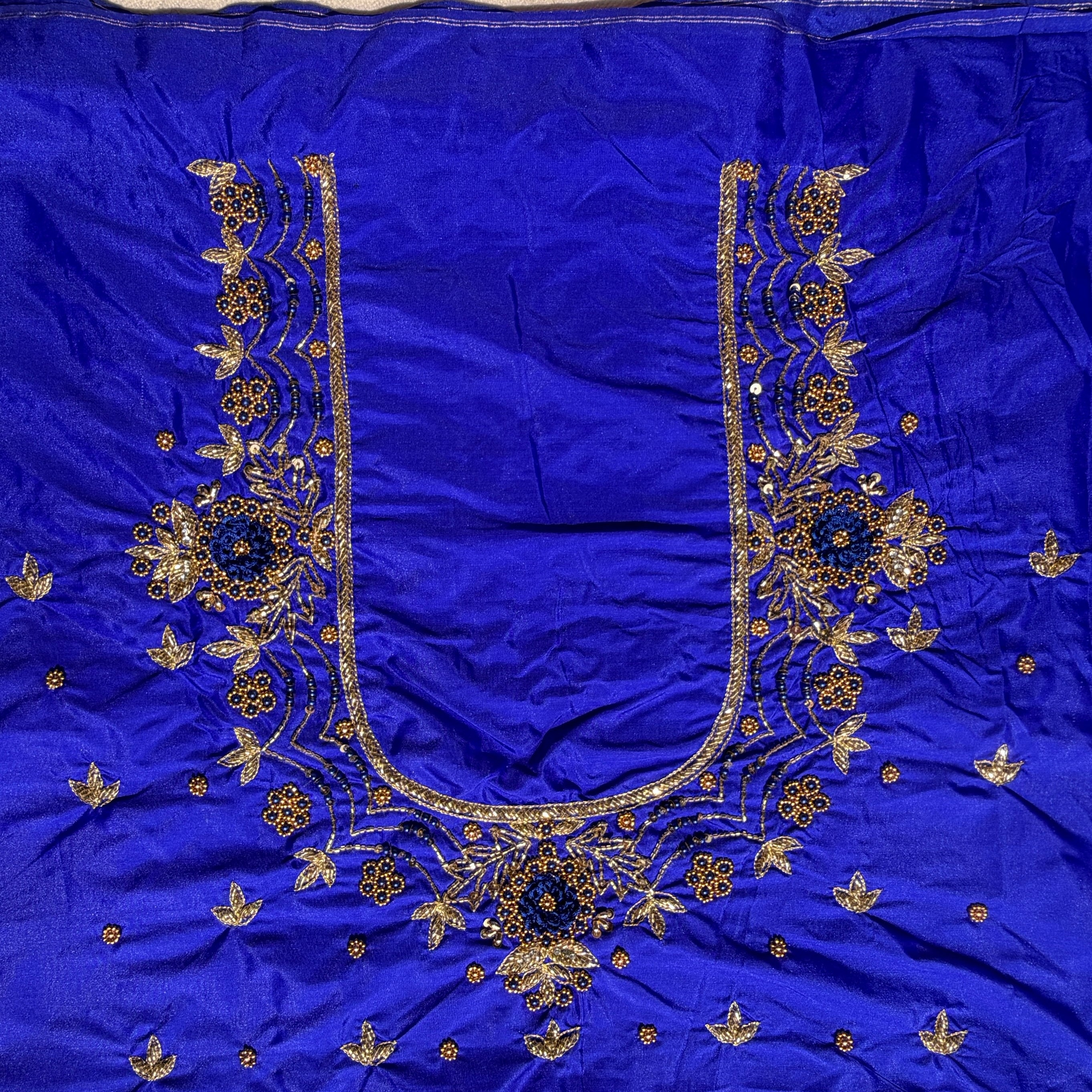 Royal Blue Aari Work Blouse Fabric in Devi silk 1 metre with Cutdana Hand Embroidery | Designer Blouse Piece for Bridal & Festive Wear
