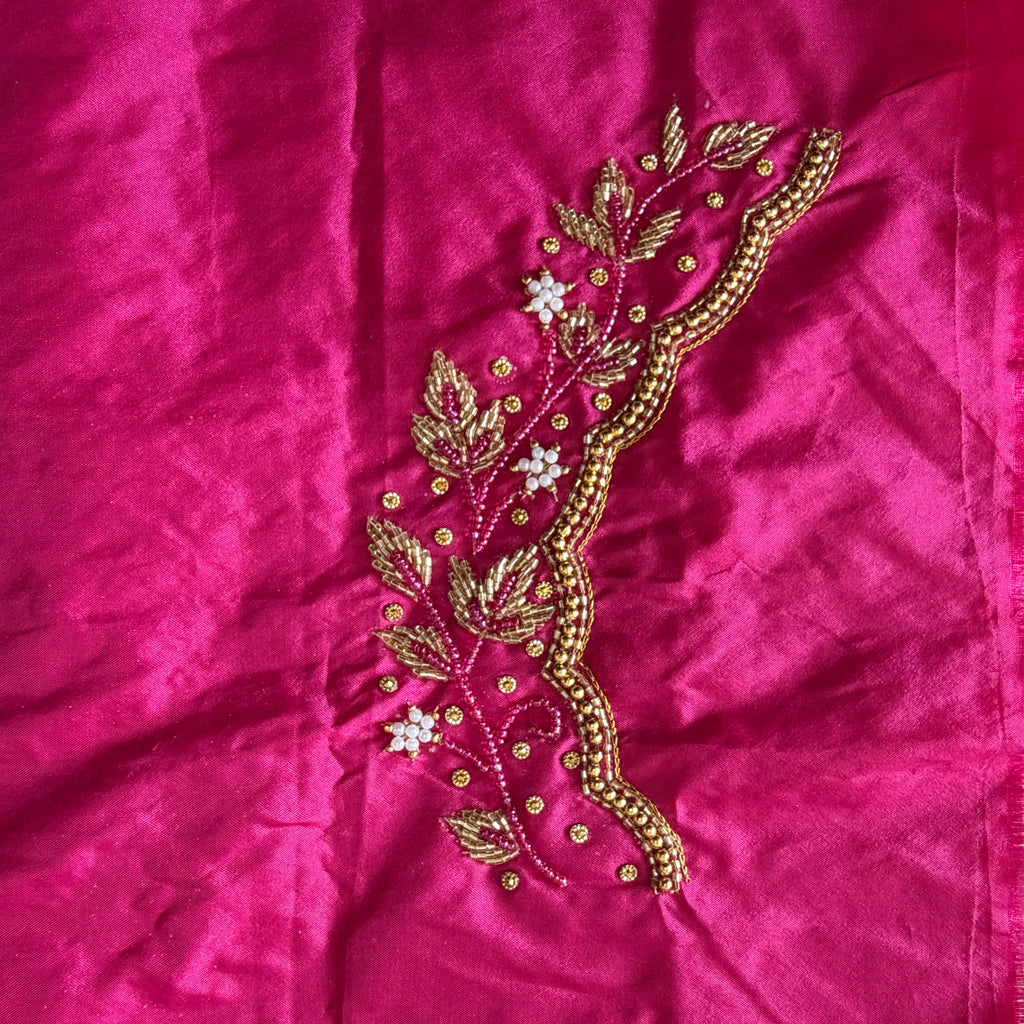 Rani pink Aari Work Blouse Fabric in Devi silk 1 metre with Cutdana Hand Embroidery | Designer Blouse Piece for Bridal & Festive Wear