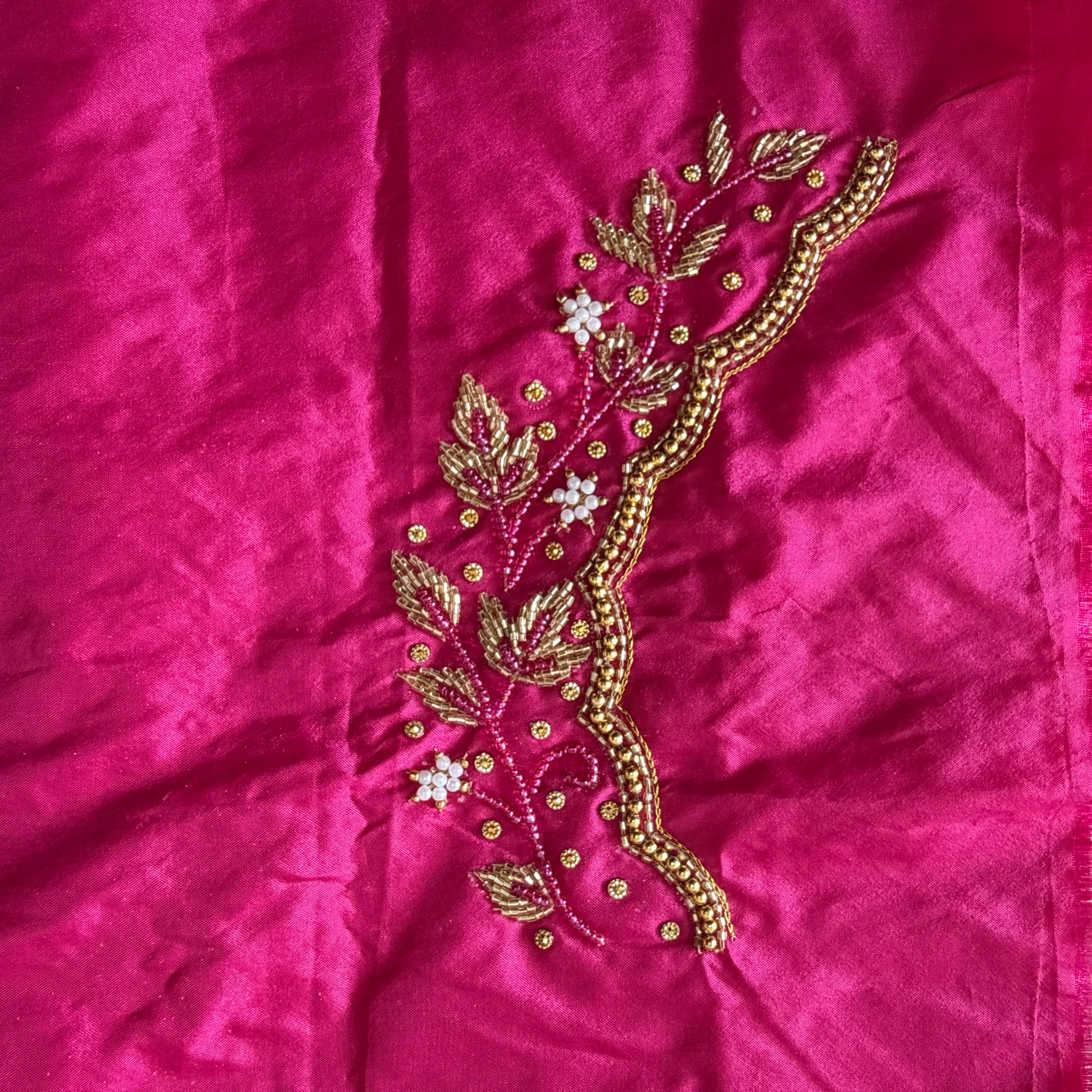 Rani pink Aari Work Blouse Fabric in Devi silk 1 metre with Cutdana Hand Embroidery | Designer Blouse Piece for Bridal & Festive Wear