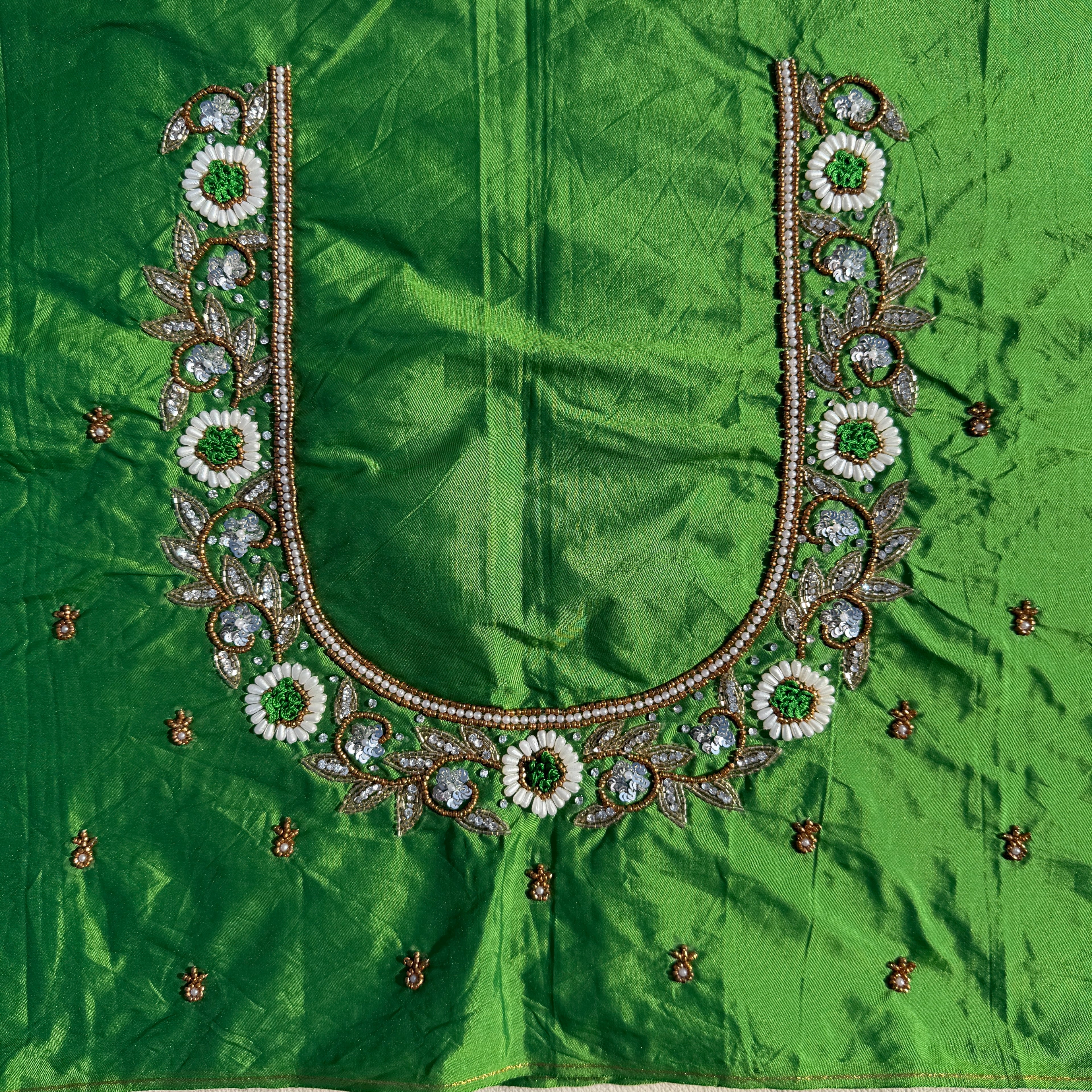 Parrot Green Aari Work Blouse Fabric in Devi silk 1 metre with Cutdana Hand Embroidery | Designer Blouse Piece for Bridal & Festive Wear