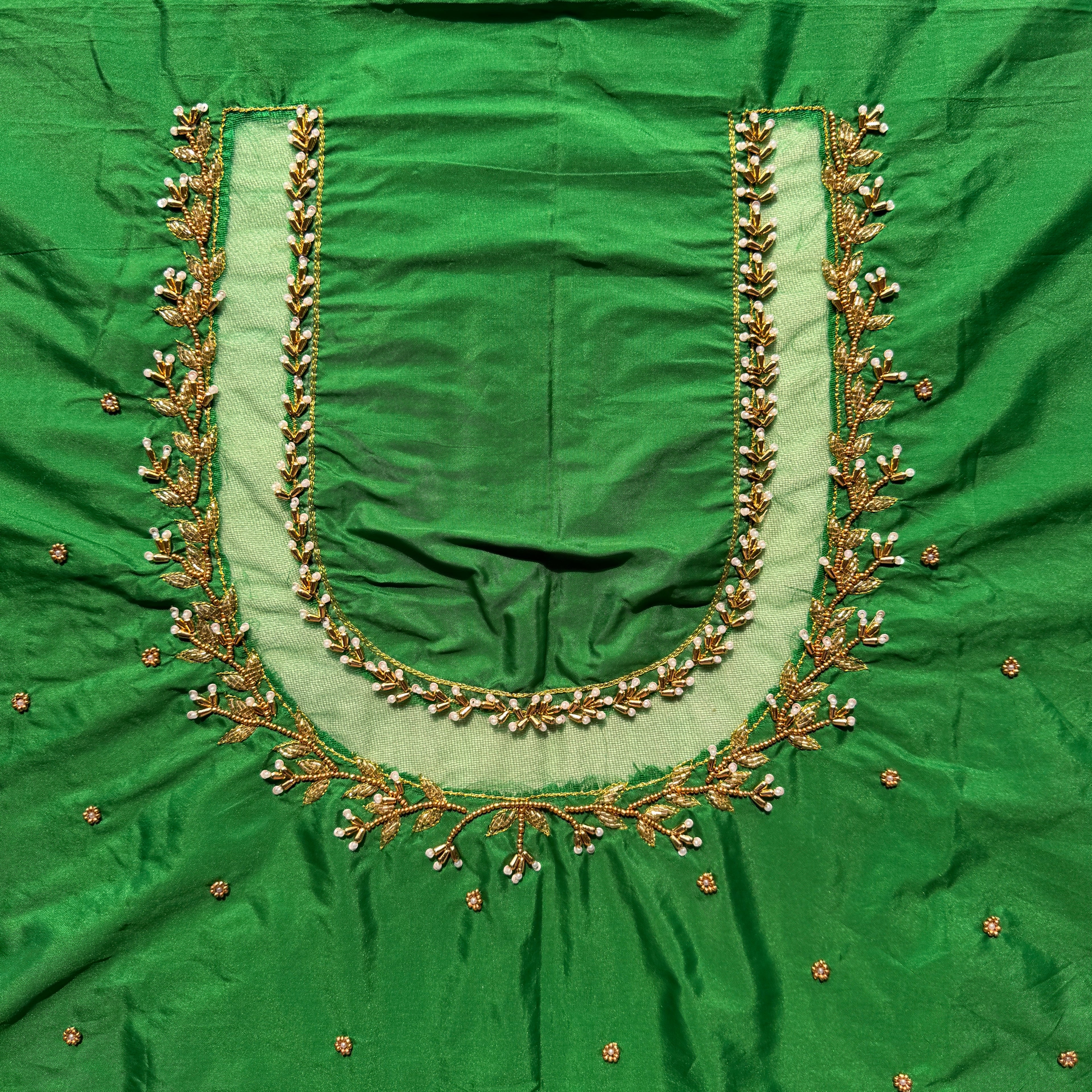 Leaf Green Aari Work Blouse Fabric in Devi silk 1 metre with Cutdana Hand Embroidery | Designer Blouse Piece for Bridal & Festive Wear