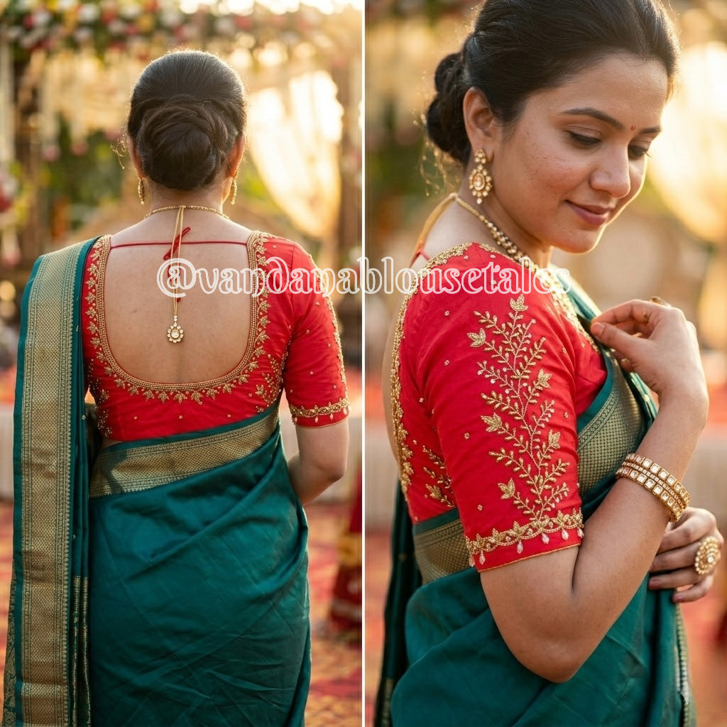 Red Aari Work Blouse Fabric in Devi silk 1.10 metre with Cutdana Hand Embroidery | Designer Blouse Piece for Bridal & Festive Wear