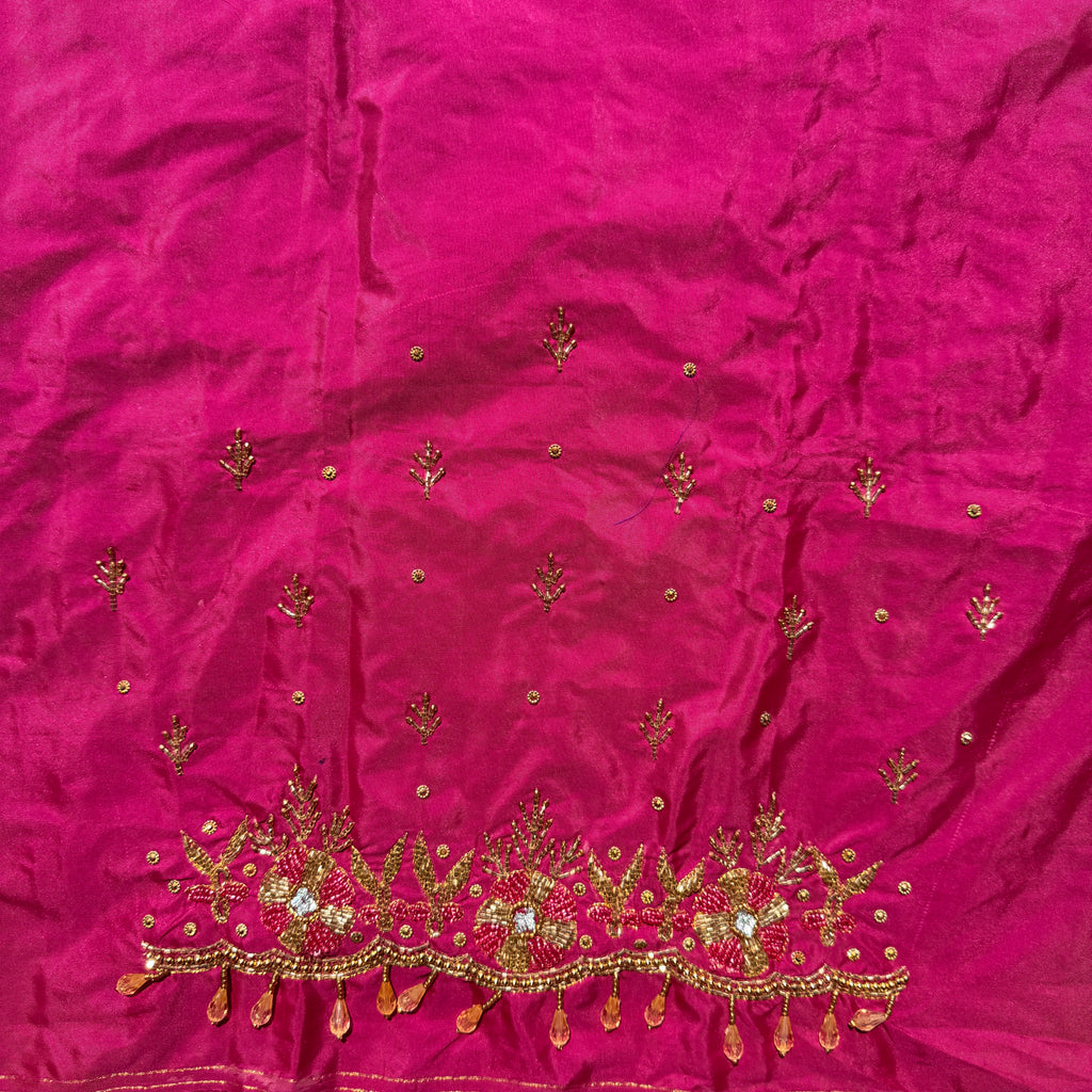 Rani pink Aari Work Blouse Fabric in Devi silk 1 metre with Cutdana Hand Embroidery | Designer Blouse Piece for Bridal & Festive Wear