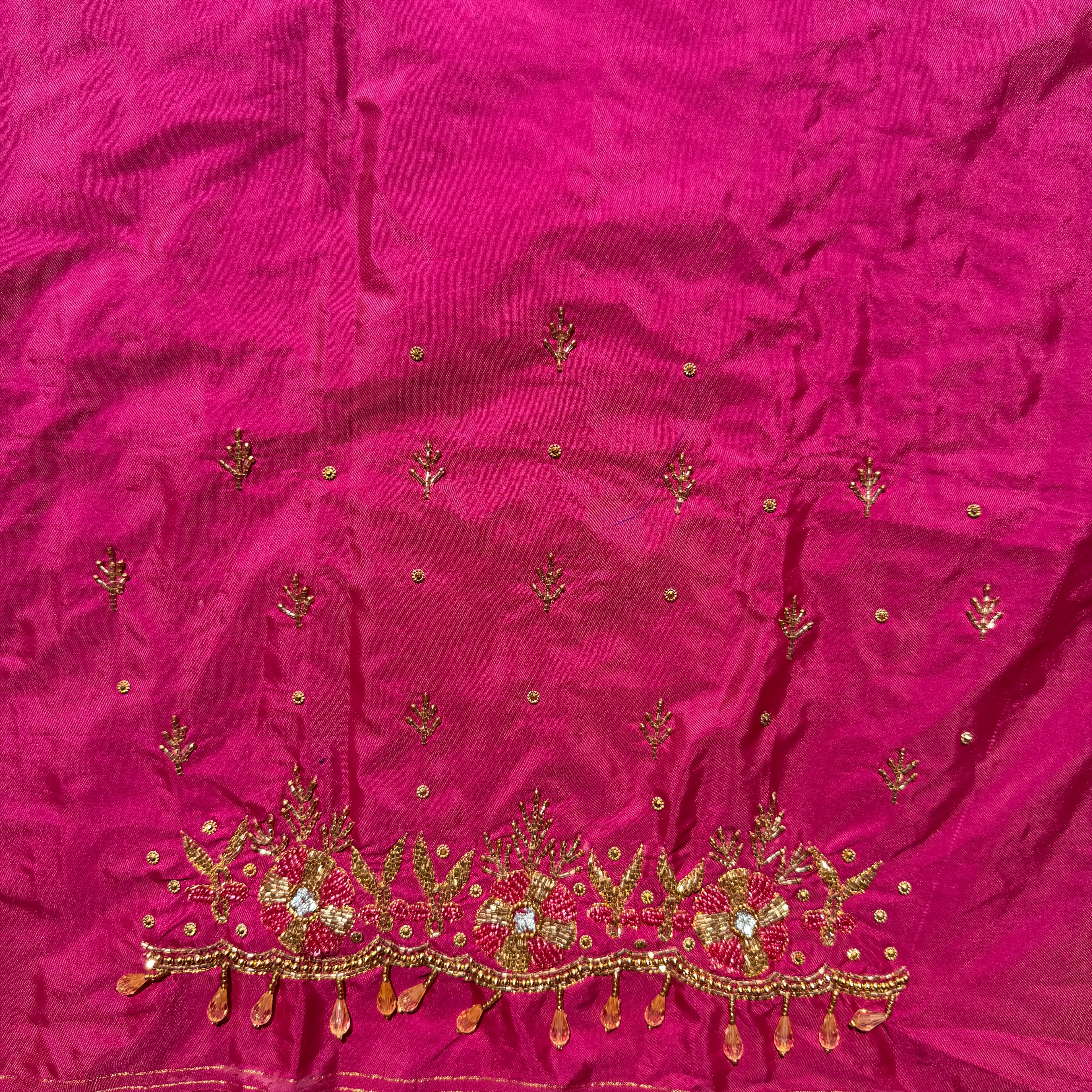 Rani pink Aari Work Blouse Fabric in Devi silk 1 metre with Cutdana Hand Embroidery | Designer Blouse Piece for Bridal & Festive Wear