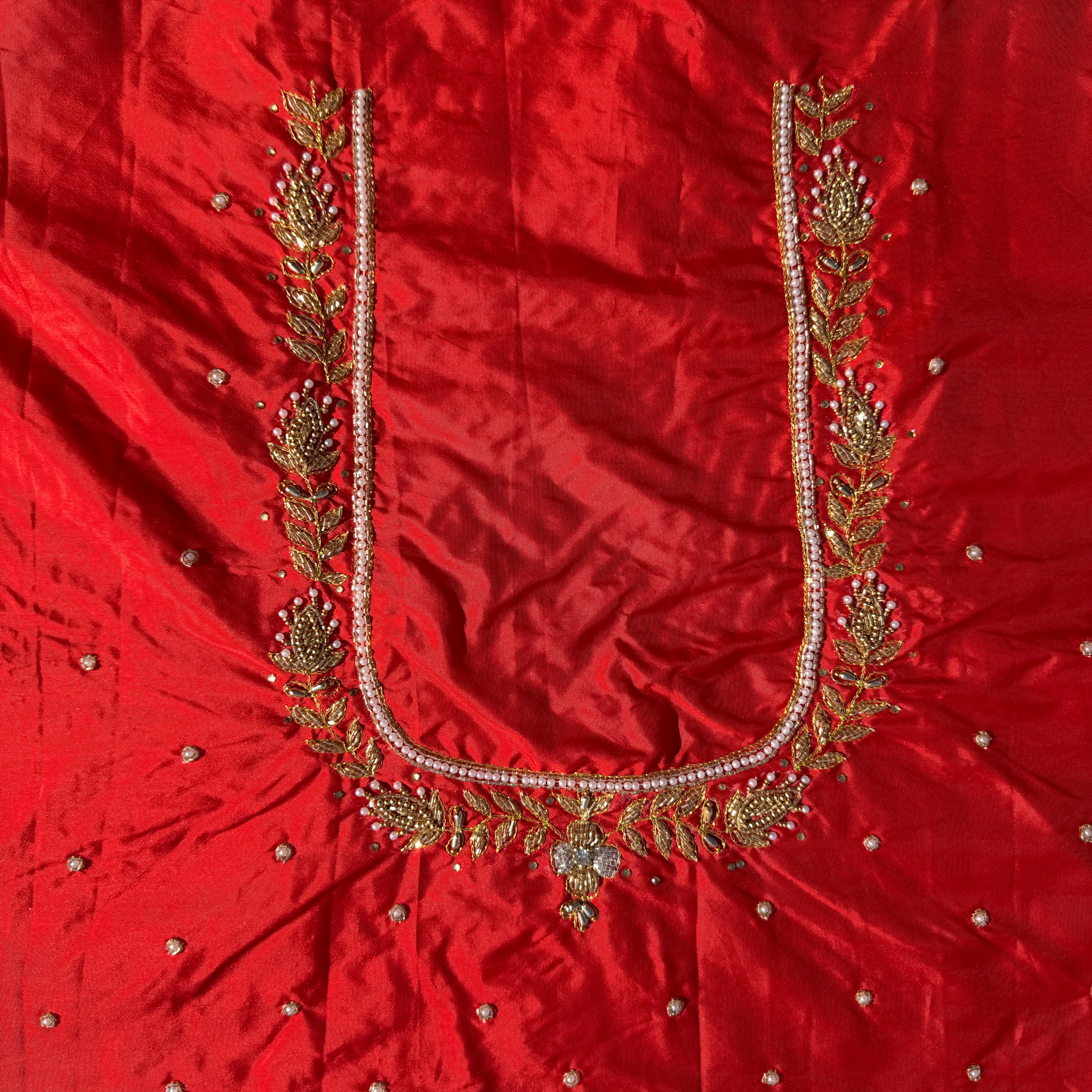 Red Aari Work Blouse Fabric in Devi silk 1 metre with Cutdana Hand Embroidery | Designer Blouse Piece for Bridal & Festive Wear