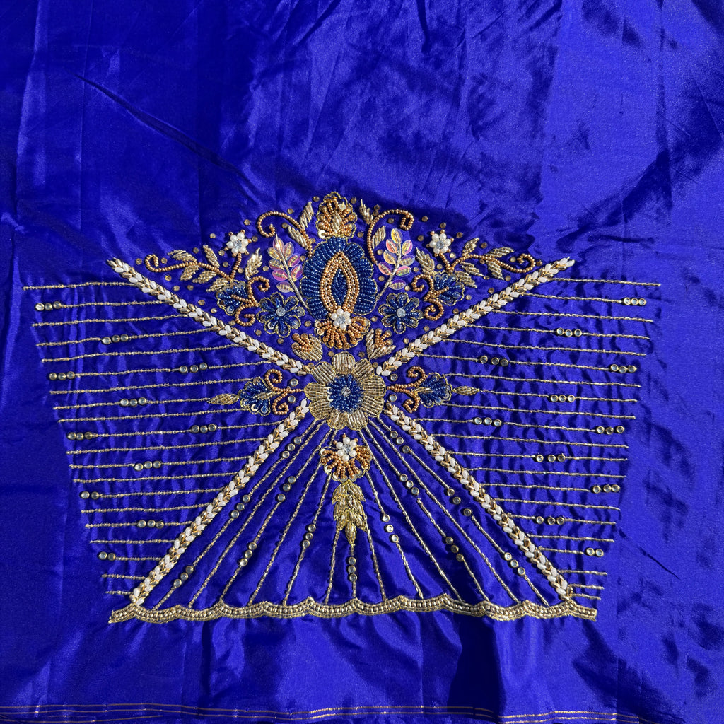 Royal Blue Aari Work Blouse Fabric in Devi silk 1 metre with Cutdana Hand Embroidery | Designer Blouse Piece for Bridal & Festive Wear