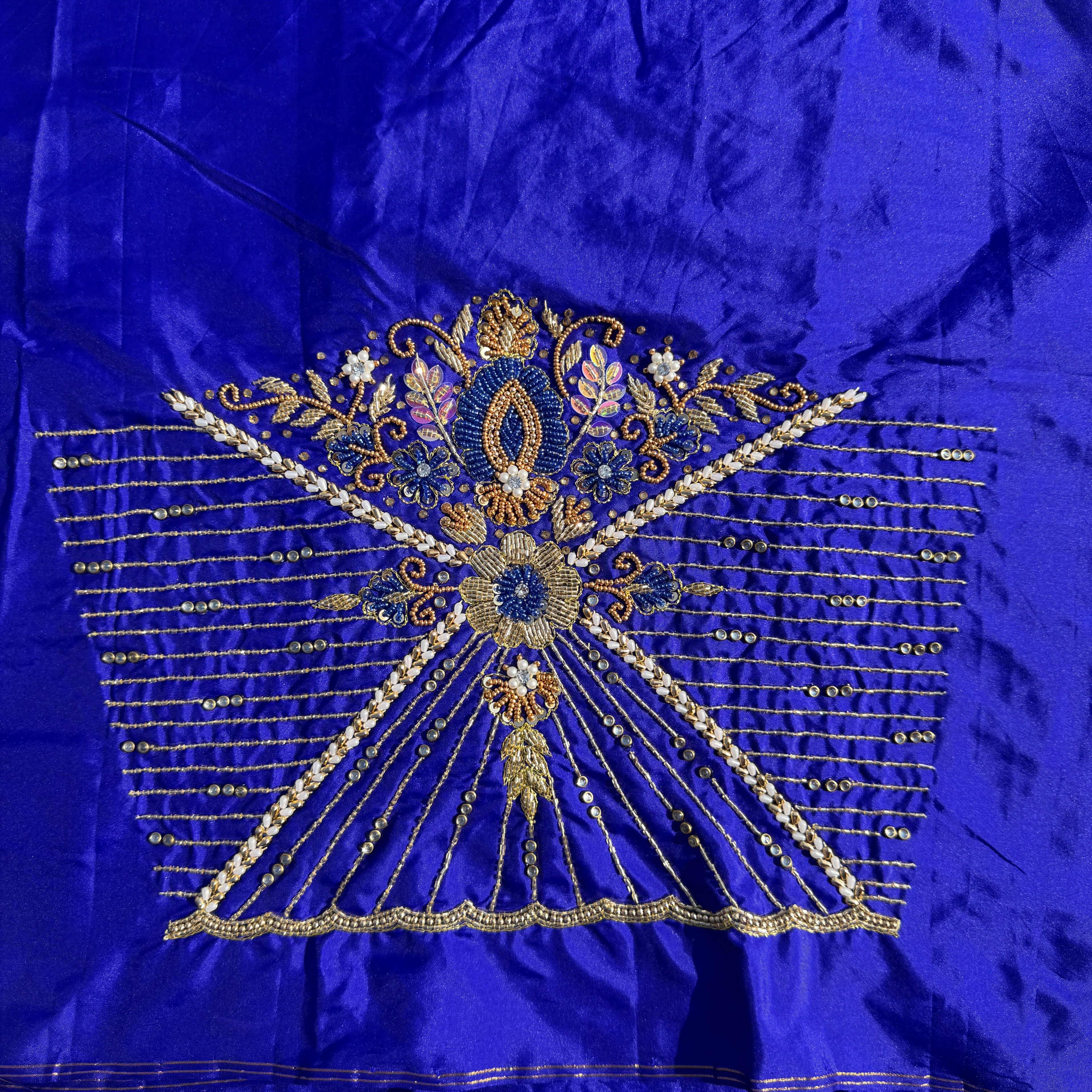 Royal Blue Aari Work Blouse Fabric in Devi silk 1 metre with Cutdana Hand Embroidery | Designer Blouse Piece for Bridal & Festive Wear