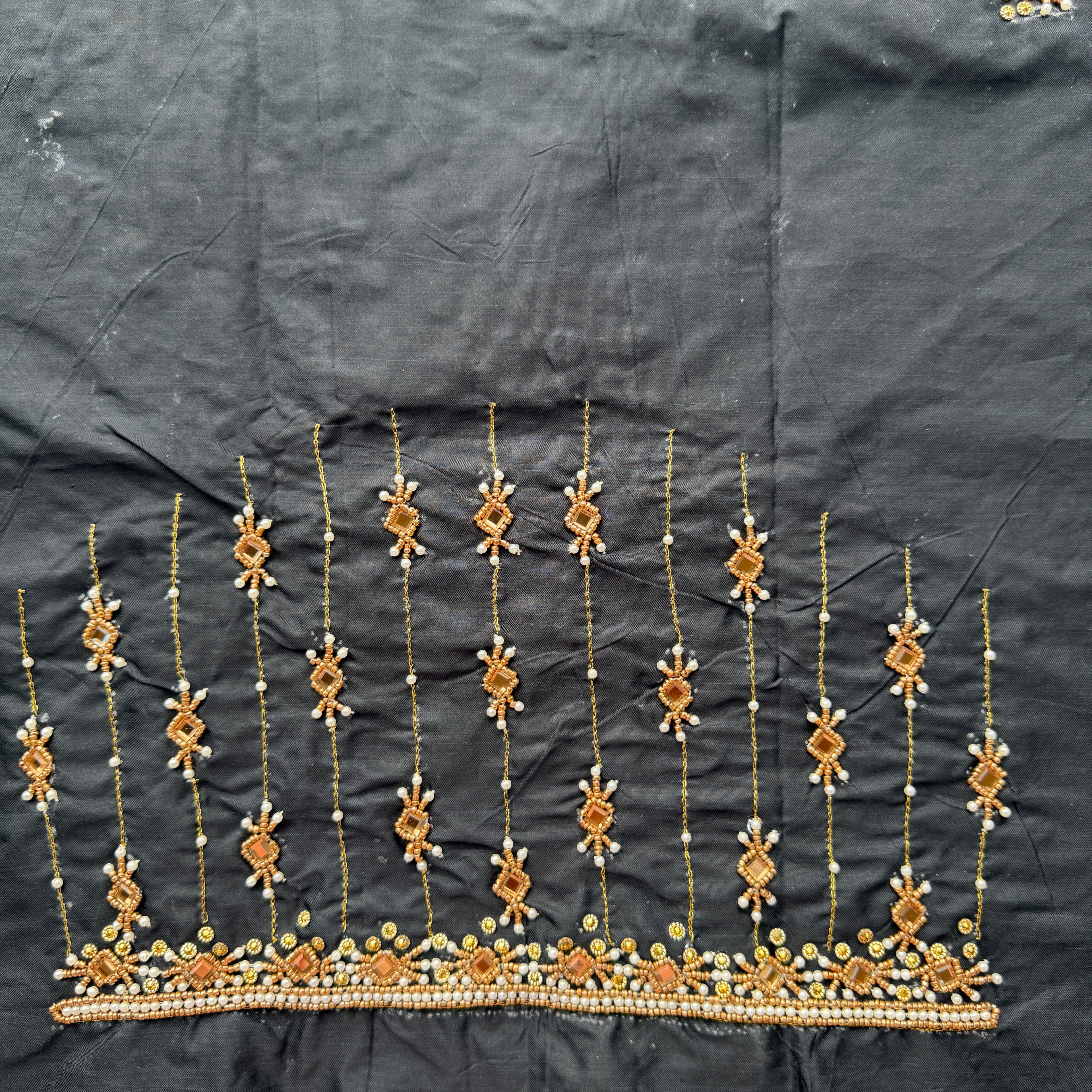 Black Aari Work Blouse Fabric in Devi silk 1 metre with Cutdana Hand Embroidery | Designer Blouse Piece for Bridal & Festive Wear