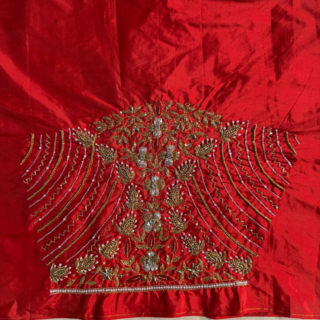 Red Aari Work Blouse Fabric in Devi silk 1 metre with Cutdana Hand Embroidery | Designer Blouse Piece for Bridal & Festive Wear