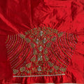 Red Aari Work Blouse Fabric in Devi silk 1 metre with Cutdana Hand Embroidery | Designer Blouse Piece for Bridal & Festive Wear