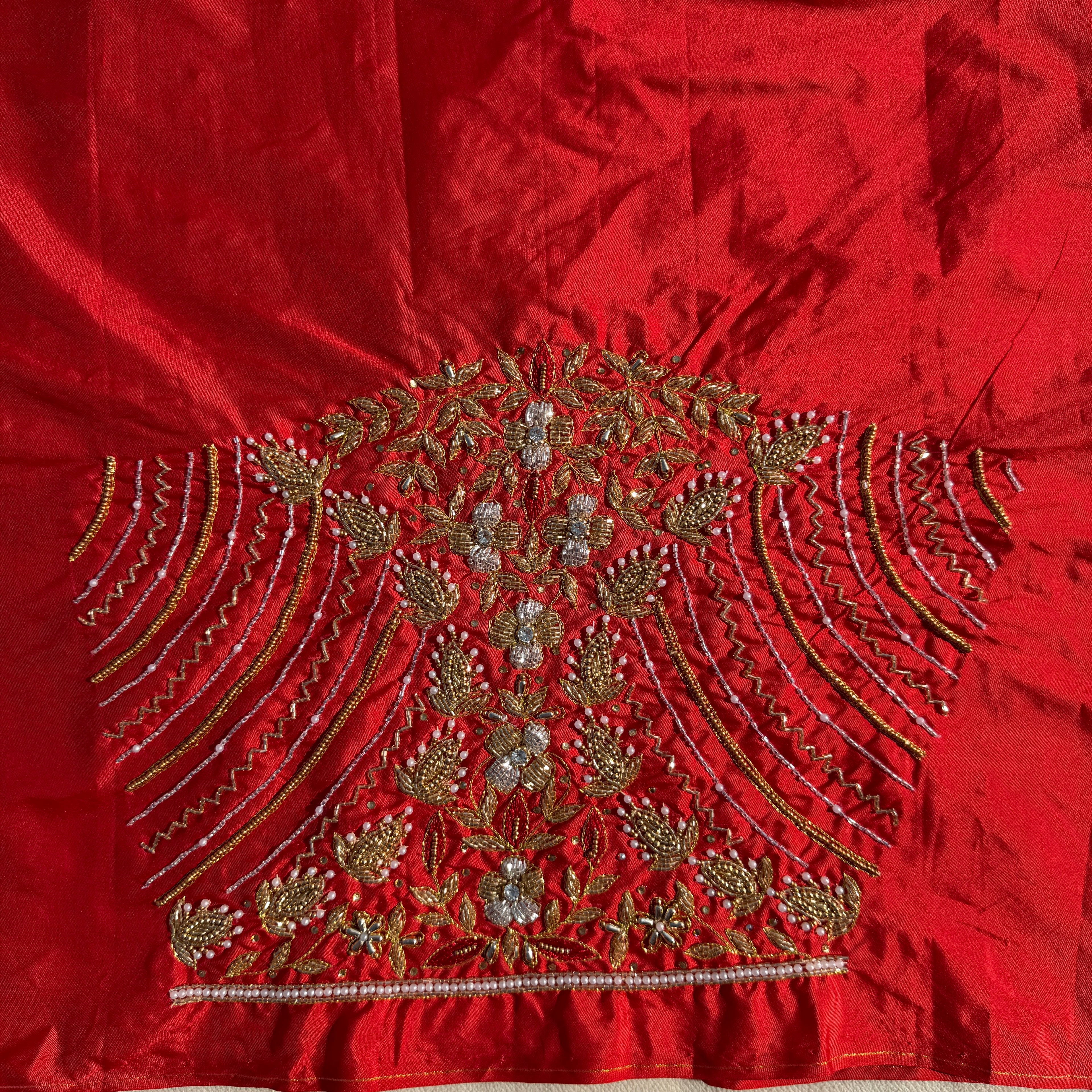Red Aari Work Blouse Fabric in Devi silk 1 metre with Cutdana Hand Embroidery | Designer Blouse Piece for Bridal & Festive Wear