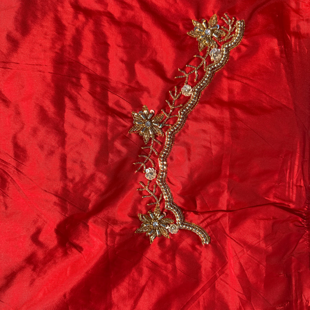 Red Aari Work Blouse Fabric in Devi silk 1 metre with Cutdana Hand Embroidery | Designer Blouse Piece for Bridal & Festive Wear