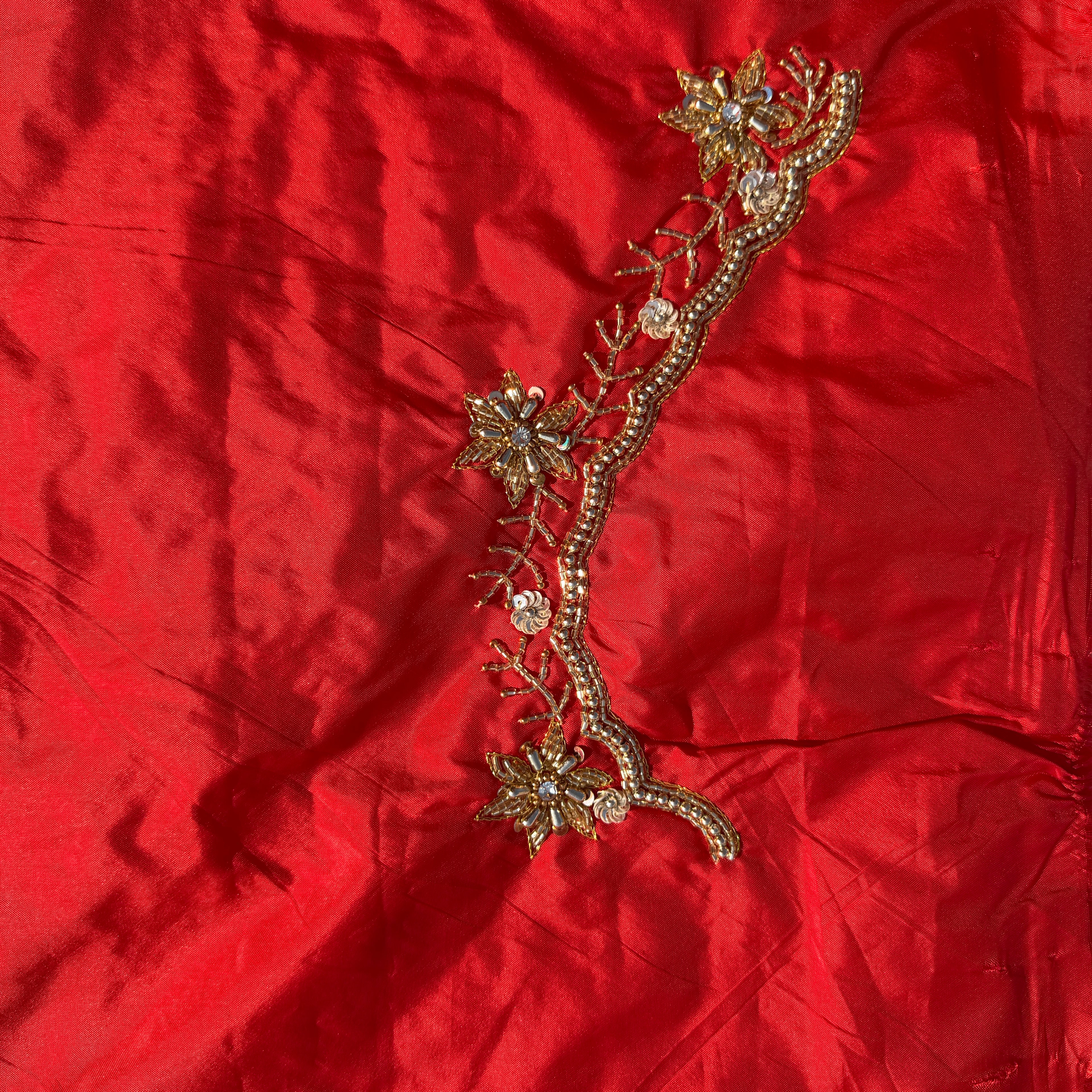 Red Aari Work Blouse Fabric in Devi silk 1 metre with Cutdana Hand Embroidery | Designer Blouse Piece for Bridal & Festive Wear