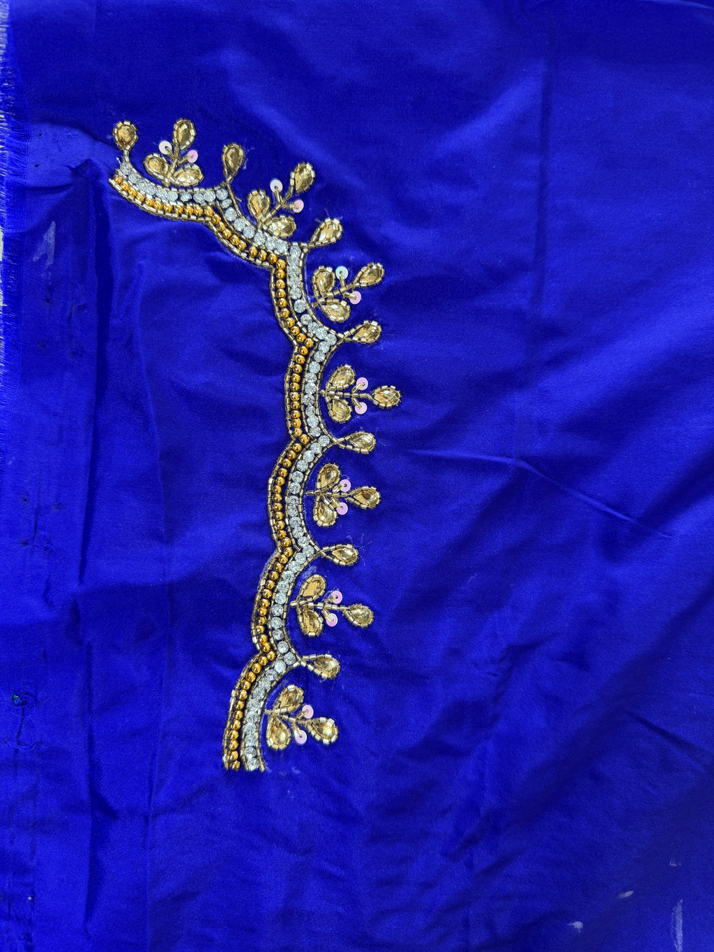 Royal Blue Aari Work Blouse Fabric in Devi silk 1 metre with Cutdana Hand Embroidery | Designer Blouse Piece for Bridal & Festive Wear