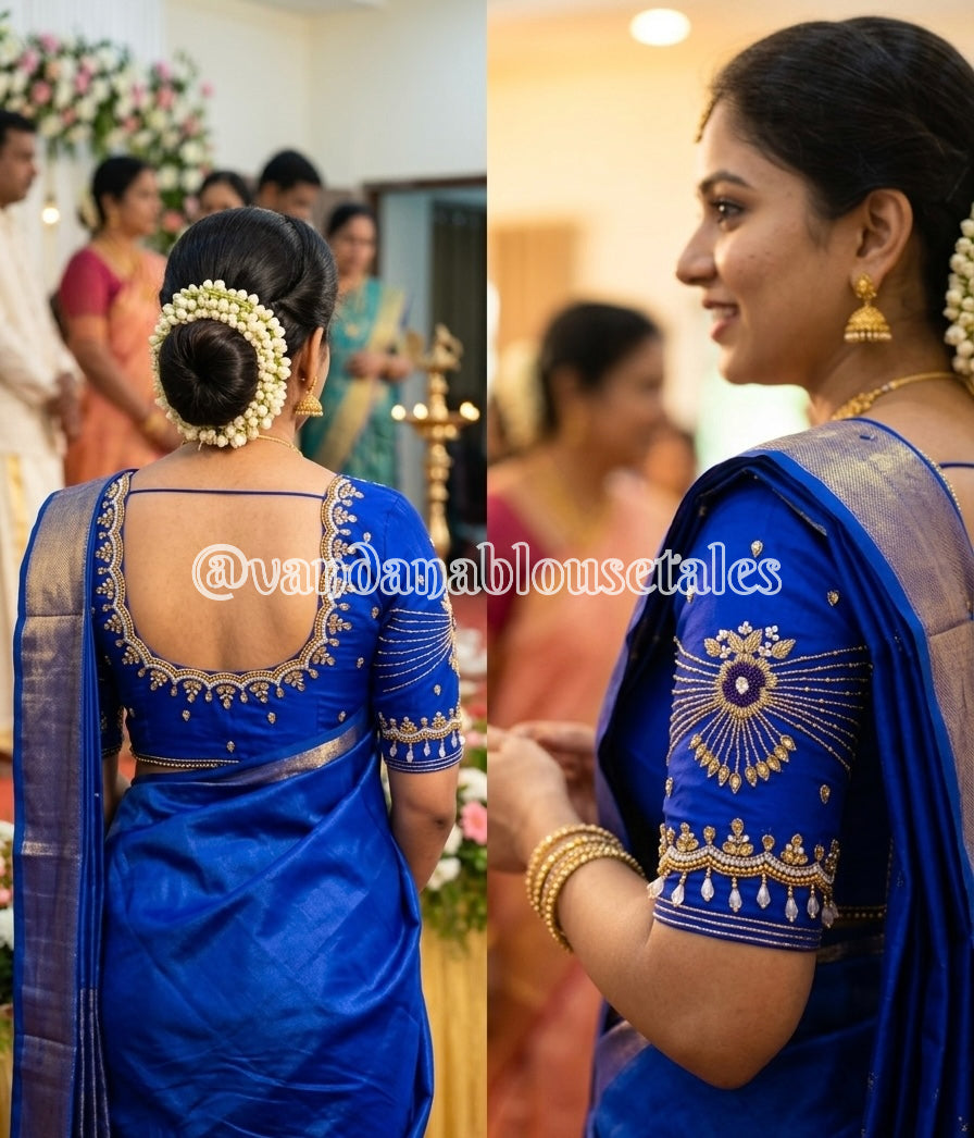 Royal Blue Aari Work Blouse Fabric in Devi silk 1 metre with Cutdana Hand Embroidery | Designer Blouse Piece for Bridal & Festive Wear